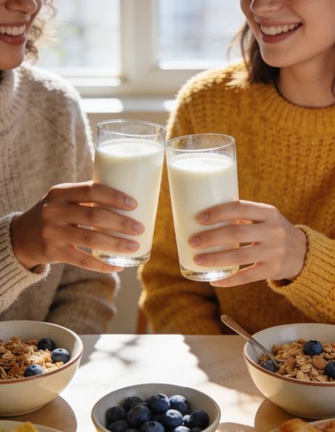 Two glasses of plant milk clinked together in a toast