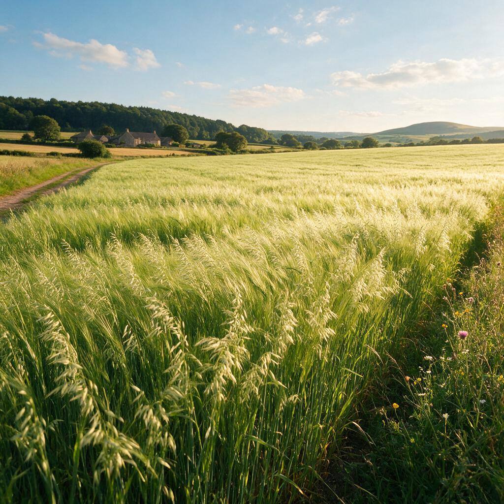 A green oat field swaying under a bright summer sky