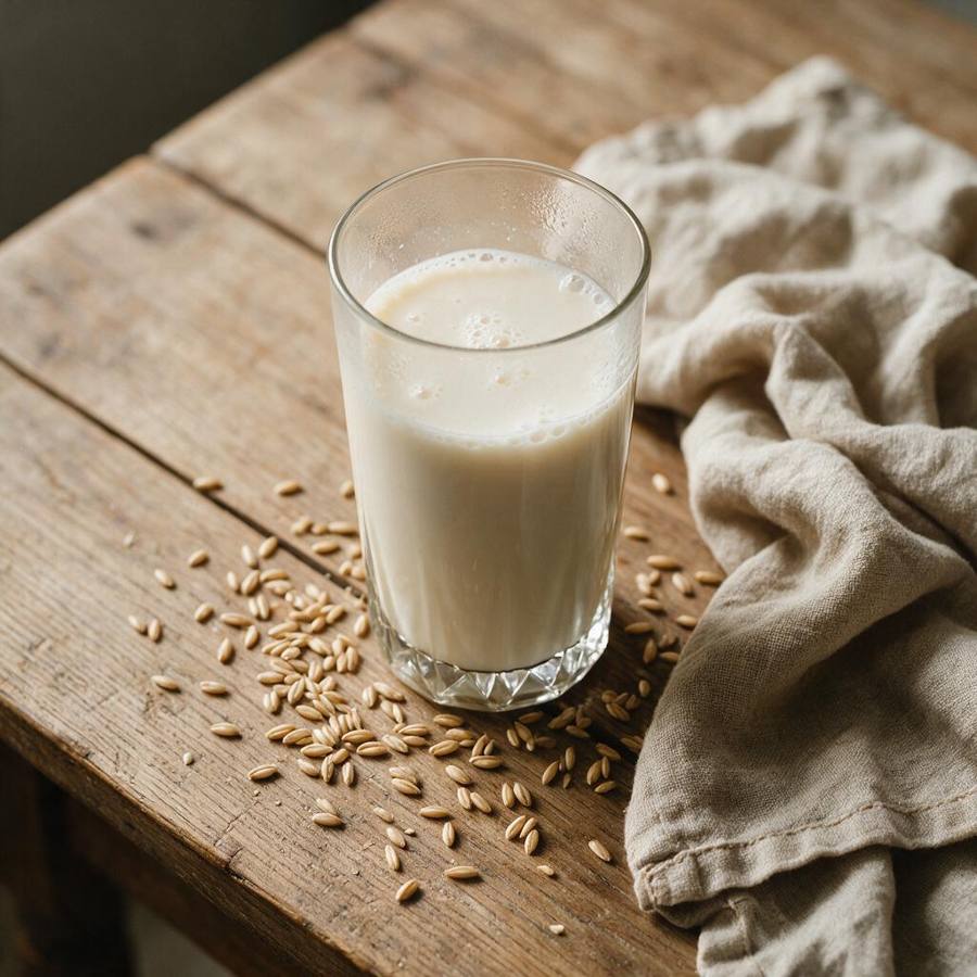 A glass of oat milk on a wooden table with raw oats scattered around it