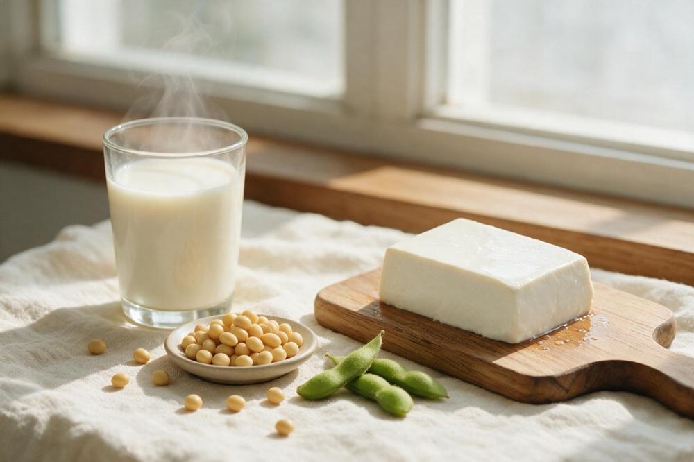 均衡的无乳饮食摆拍：强化植物奶、豆腐、羽衣甘蓝、杏仁和芝麻酱