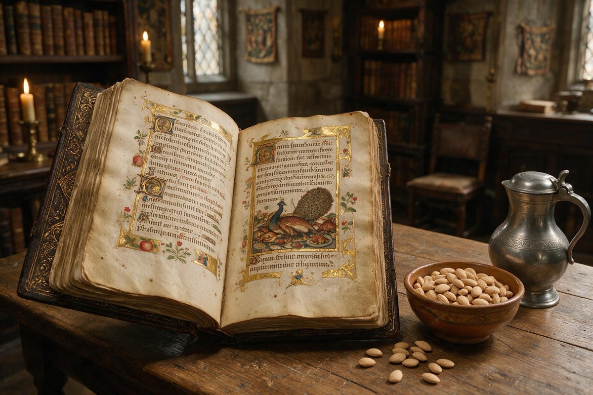 Um manuscrito medieval iluminado aberto, com escrita gótica e detalhes em folha de ouro