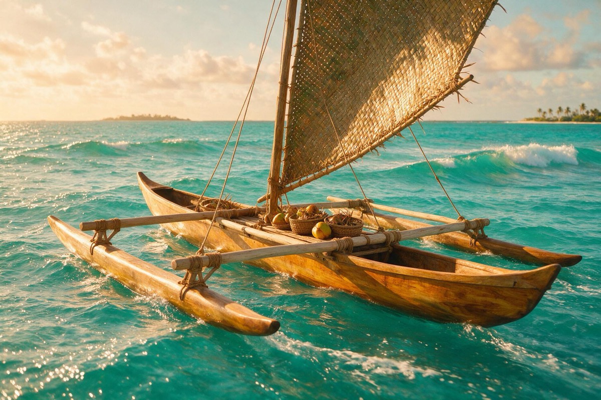 เรือแคนูหางเสือลำตัวคู่แบบดั้งเดิมของชาวออสโตรนีเซียนแล่นอยู่กลางมหาสมุทรสีฟ้าเขียวใต้ท้องฟ้ากว้าง