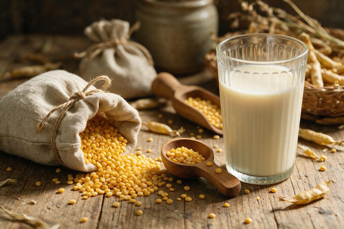 Ein rustikales Stillleben mit gelben Spalterbsen, die aus einem Leinensack quellen, neben einem hohen Glas heller Milch