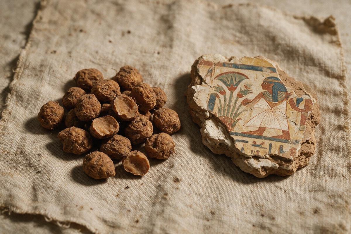 An archaeologist's flat-lay on weathered linen — a scatter of dried