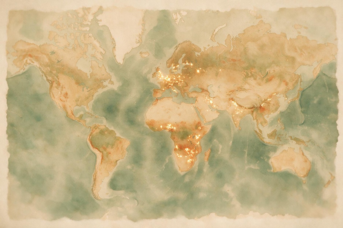 Um mapa-múndi em aquarela em tons quentes