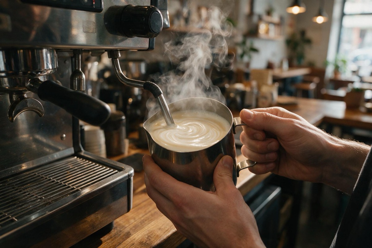 A barista's hands steaming a metal jug of oat milk at an espresso machine