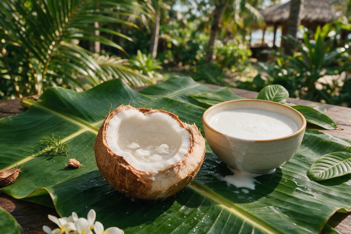 Um coco fresco partido sobre folhas de bananeira ao lado de uma tigela de leite de coco recém-espremido