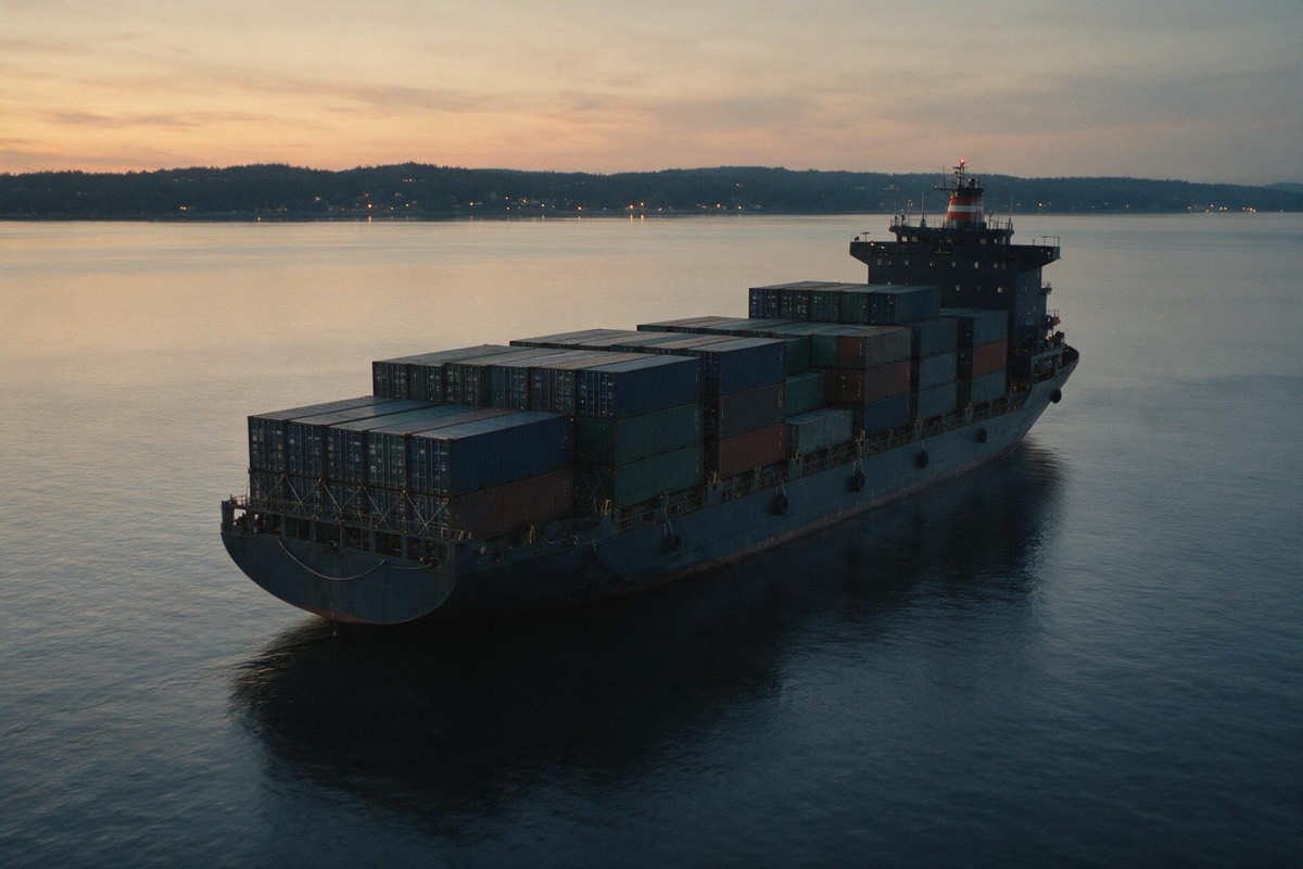 Ein Frachtschiff, fotografiert in der Abenddämmerung mit weichem Fokus