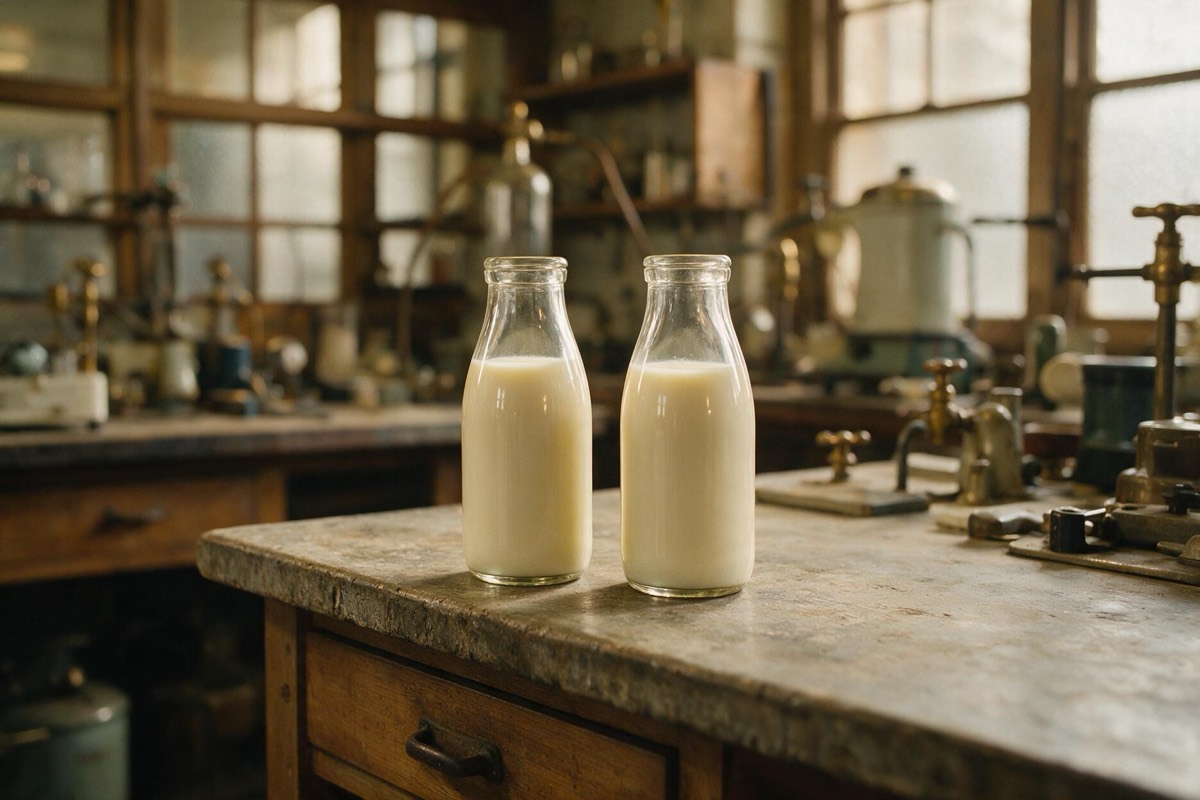 garrafas de leite de vidro em estilo vintage, cheias de leite de soja pálido, sobre uma bancada de laboratório dos anos 1930
