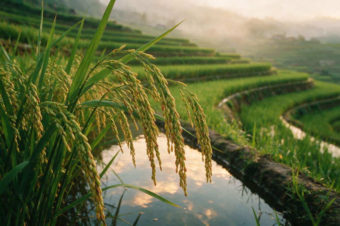 Leche de arroz — la planta de la que proviene, creciendo